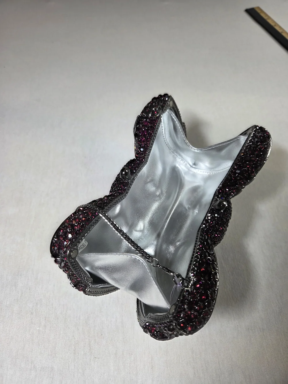 Luxury Purple Rhinestone Bow Clutch Purse Chain Strap Silver Lining Magnetic